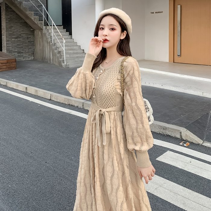 Lantern Sleeve Patchwork Slim Knitted Dresses