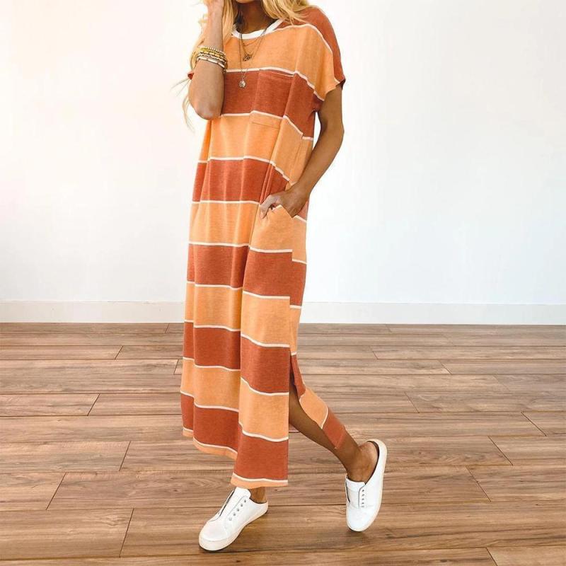 Casual Round Neck Short Sleeve Color Block Maxi Dress