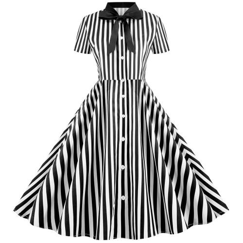 Striped Vintage Women Summer Dress 2020 Robe Femme 50s 60s Pin Up Party Rockabilly Dress Knee-Length Bow Swing Office Clothing