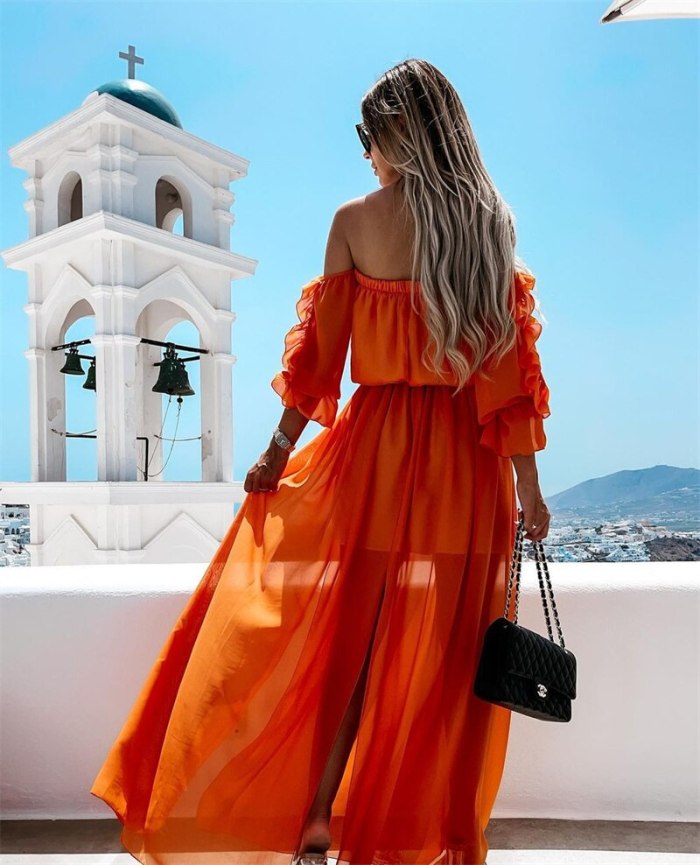 Bohemian Long Dress Women Off Shoulder Chiffon Dress Lace-up Solid Color Ruffle Beachwear Blue/Orange