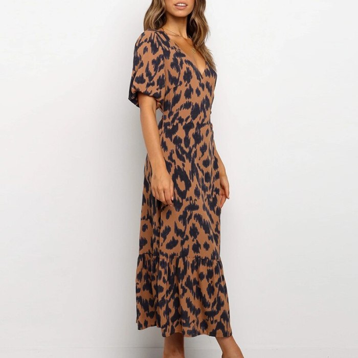 Fashion V Neck Lantern Sleeve Holiday Style Beach Summer Dress Wrap Lace Up Ruffled Women Dress Leopard Print Midi Dress