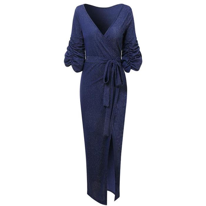 Fashion Elegant Side Slit V-neck Pleated Sleeve Maxi Dress