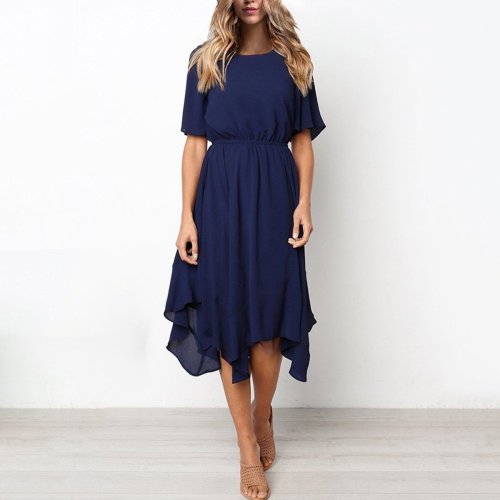 Short Sleeve Elastic Waist Chiffon Irregular Hem Swing Casual Dress