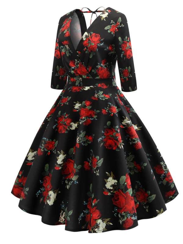 1950s Floral Lace Up Wrap Dress