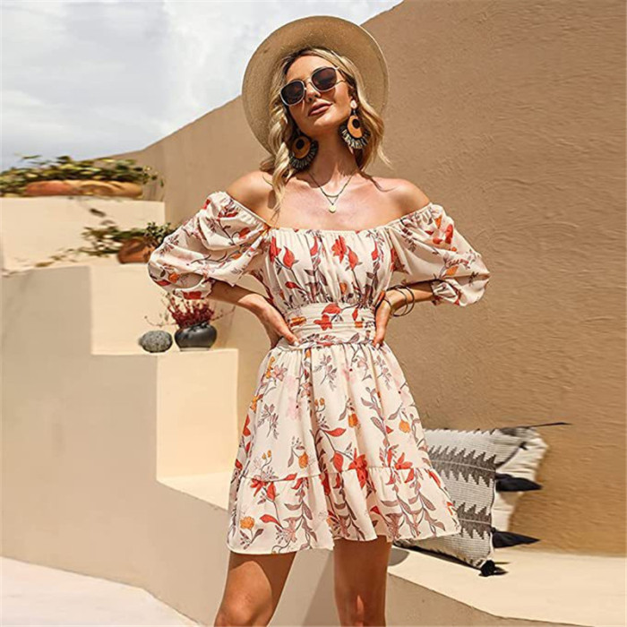 Womens Dresses Flower Printed Midi Sundress Bohemian Fancy Party Beach Vintage Ruffle Hem Dress