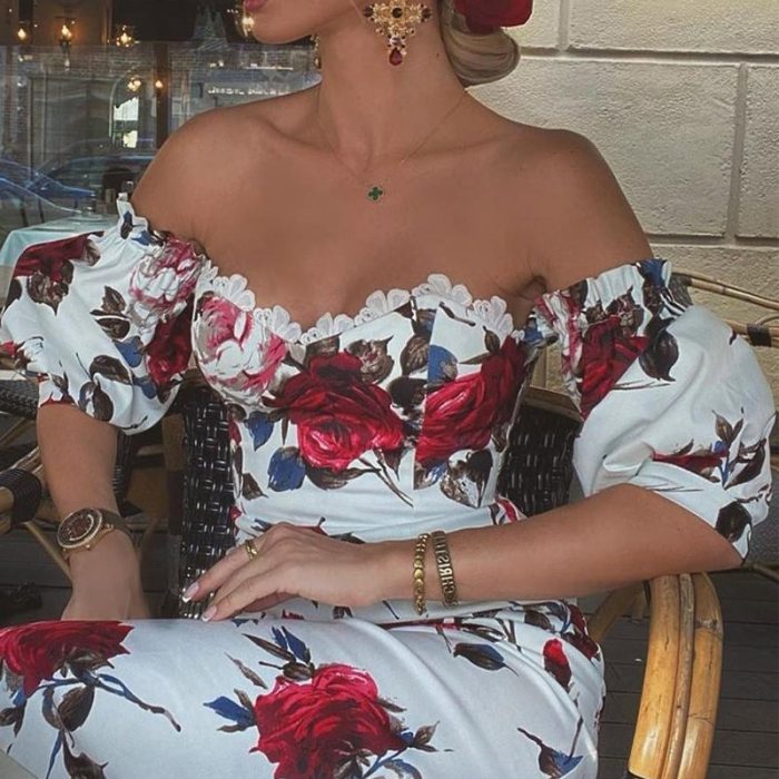 Solid Flower Print Off Shoulder Ruched Bodycon Women's Midi Dress Sexy Slim Long Puff Sleeve Elegant Dresses For New Year 2021