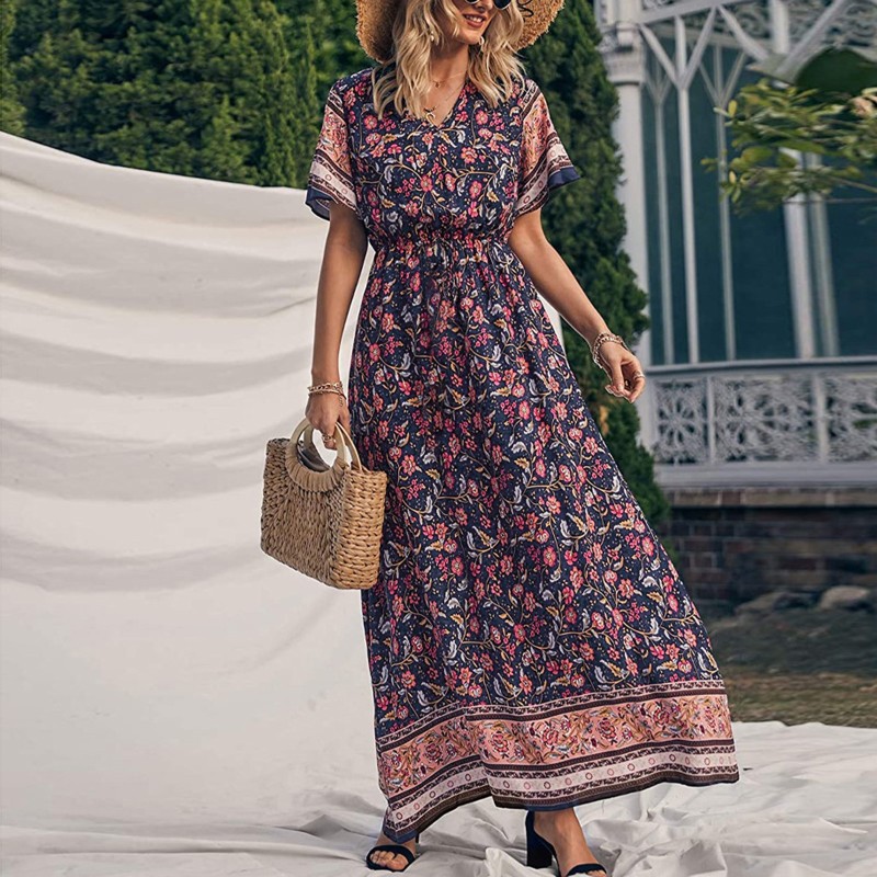 Bohemian Loose Dress Women’s Summer Foral Printing Short Sleeves Maxi Dress Sexy V Neck Pleated Beach Plus Size Long Dress