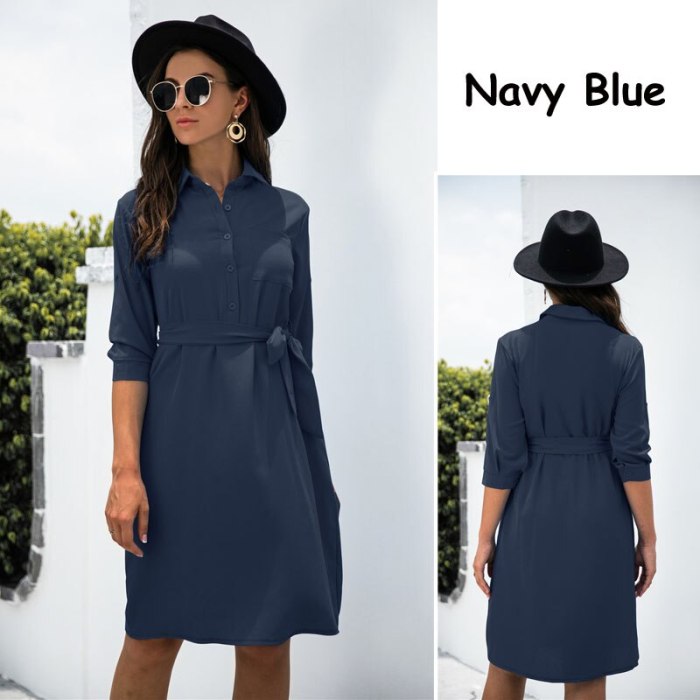 Women Dresses New Arrival 2021 Fall 3/4 Long Sleeve Single Breasted Shirt Dress Elegant Ladies Formal Work Dress Blue Black Navy