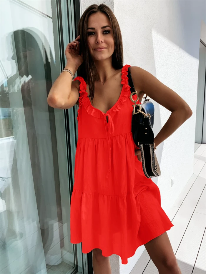 2021 Summer Ruffle Stitching A-Line Pullover Dress Sexy V-Neck Strap Ruffle Dress Casual Loose Sleeveless Mini Dresses For Women