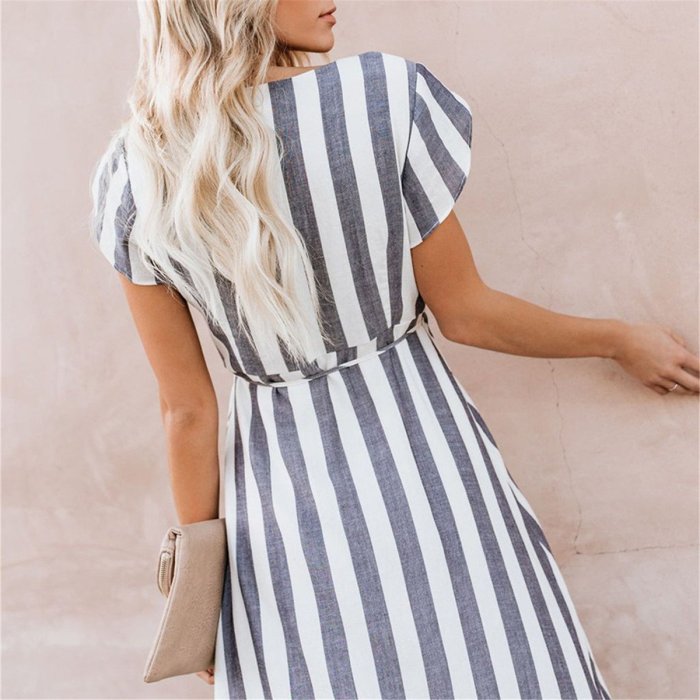 Fashion V Collar Strip Printed Lace-Up Maxi Dress