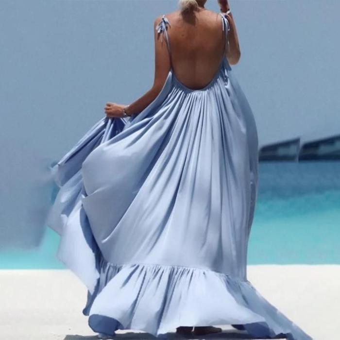 Elegant Spaghetti Strap Flowing Plain Maxi Dress