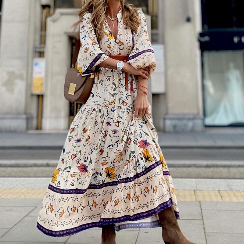 Long Sleeve Vintage Dresses Bohemian A-Line Casual V Neck Women Maxi Dress Spring Summer Vacation Holiday Loose Sundress 2021