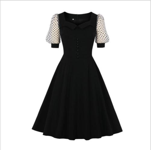 Puff Sleeve Short Black Party Swing Dress 50s 60s Retro Slim Fit Office Sundress V Neck Button Front Gothic Rockabilly Dresses