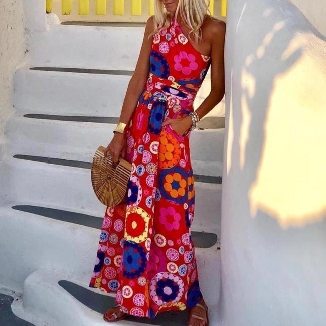 Fashion Floral Printed One Shoulder Maxi Dress