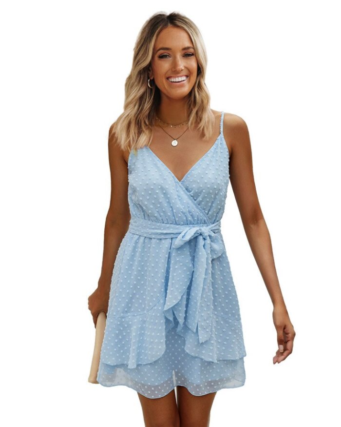 2021 Brand Summer Polka Dot Beach Mini Dress Women Fashion V Neck Elegant Lady Party Dress Spaghetti Strap Belt Sundress Vestido