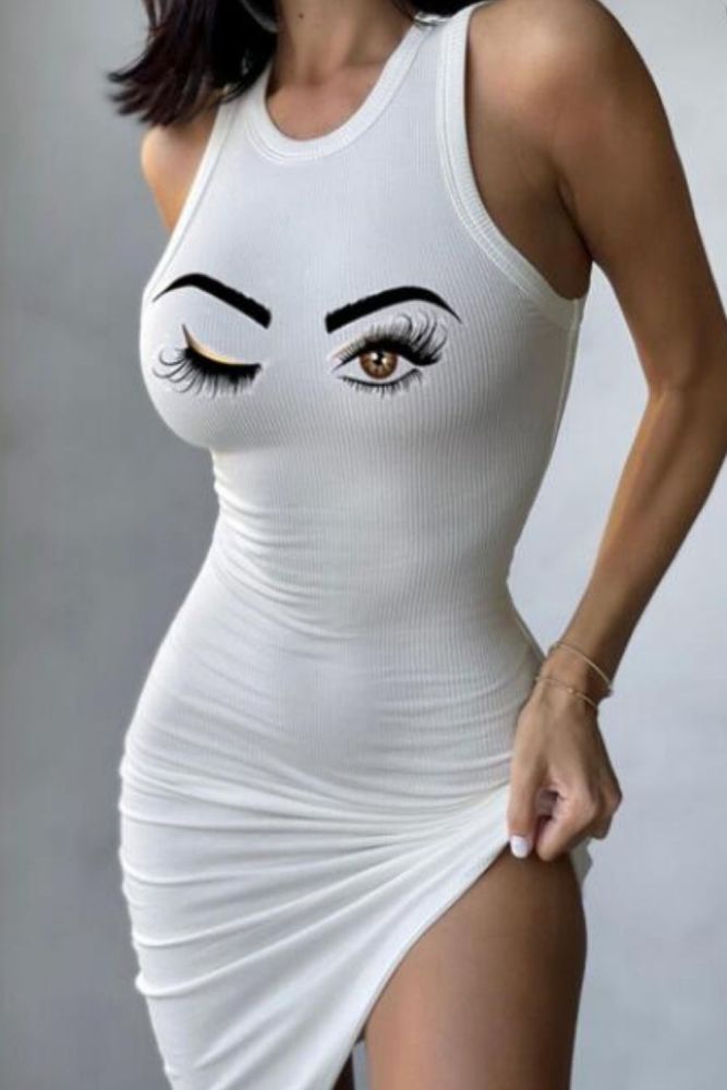 Sexy Sling Eye Print Slim Waist Dress Women Summer Sleeveless Round Neck Elastic Casual Ladies Mini Bodycon Vestido 2021