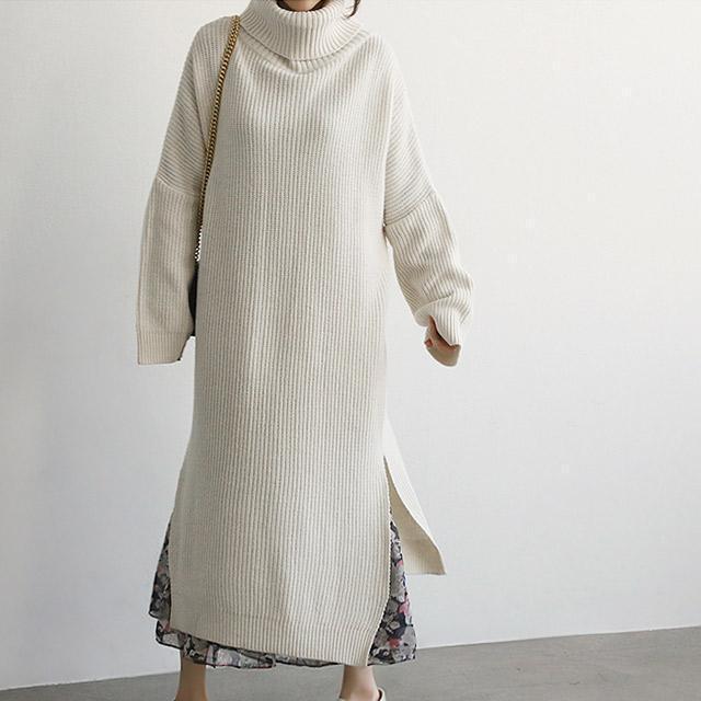Casual Simple Pure Color Loose High Collar Knitted Maxi Dress