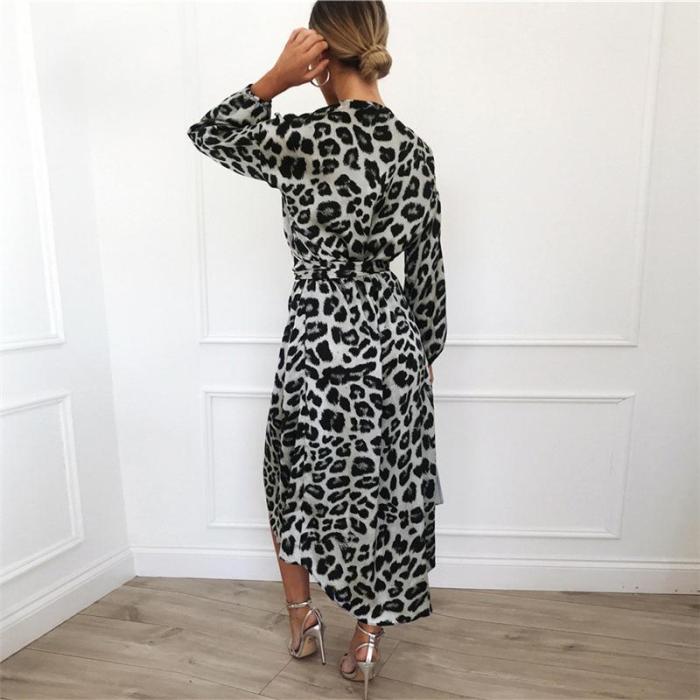 Casual Sexy V Collar Leopard Print Long Sleeved Show Thin Maxi Dress
