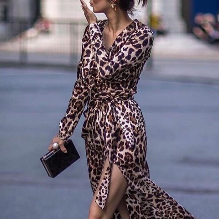 Sexy Leopard Print Side Vented Long Sleeve Vacation Maxi Dresses