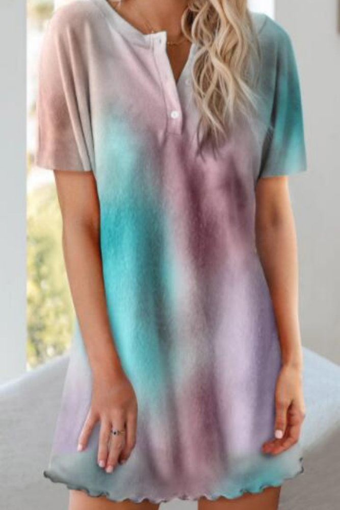 Summer Lady Dress Fashion Casual Printed Button Short Sleeve Dress Women Homewear Tie-Dye Printing Slim Femme Mini Dress