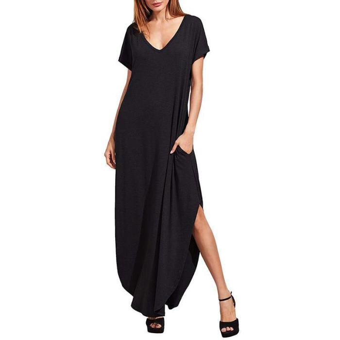 Short Sleeve Solid Color Swallowtail Casual Maxi Dress