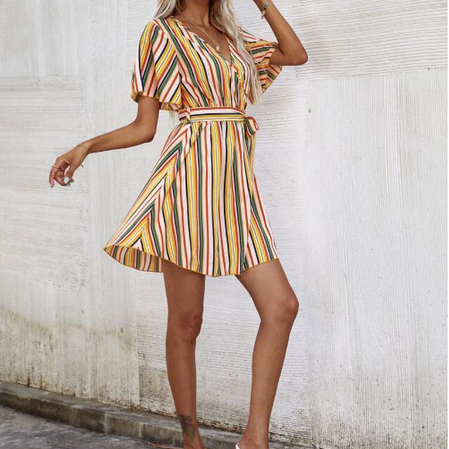 Summer Striped Print Slim A-Line Dress Short Sleeve V-Neck Sashes Mini Dresses Female Fashion Casual Street Sundress Vestido New