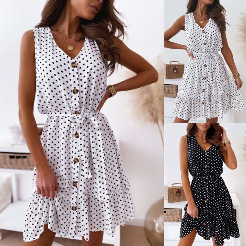 Women's Summer Dress Fashion Print V Neck Casual Loose Lace up Single Breasted Polka Dot Ruffled Sleeveless Beach Vacation Dress