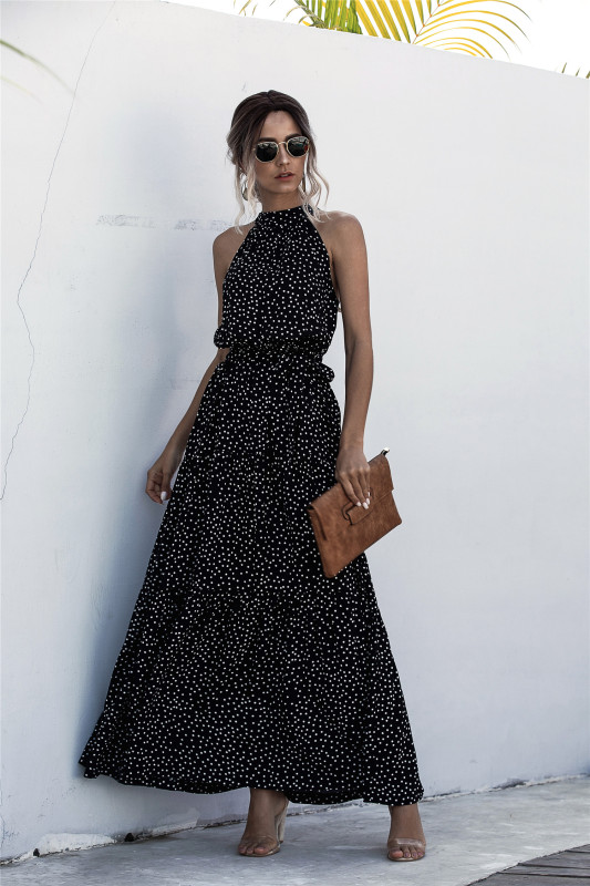 2021 Summer Long Dress Polka Dot Casual Midi Dresses Black Halter Strapless Yellow Sundress Vacation Dress Clothes For Women