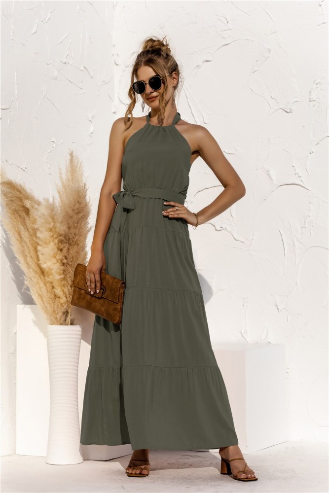Summer Solid Halter SleevelessFashion New Casual Sashes Ruffles Dress Ladies Long Dress