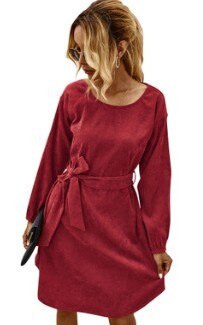 2021 Fashion Trend Women Elegant Corduroy Mini Dress Autumn New Round Neck Long Sleeve Solid Color Fall Dress with Belt Decor