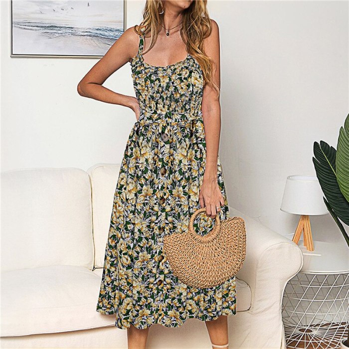 Summer  Bandage Dot Sexy Lace-up Spaghetti Strap Button Sundress Casual Sleeveless Dresses