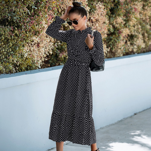 Boho Sleeve Polka Dot Printed Long Dress Women Elegant Vintage Stand Collar Long Sleeves Spring Summer Dress 2022