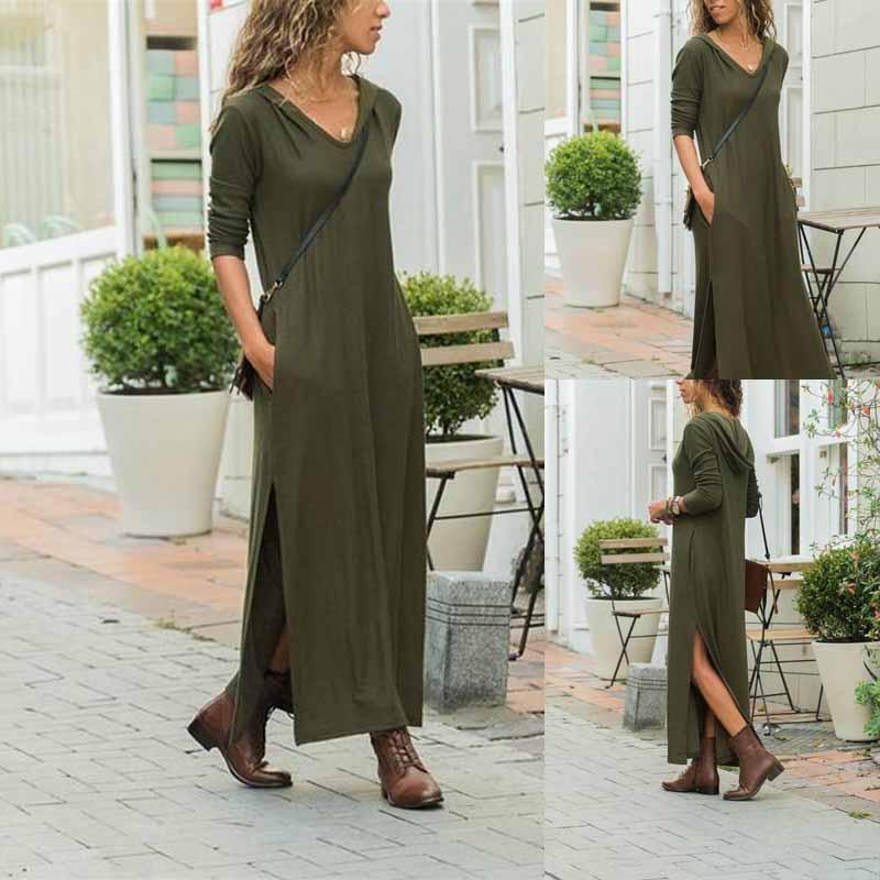 Casual Pure Color V Neck Long And Thin Hooded Maxi Dress
