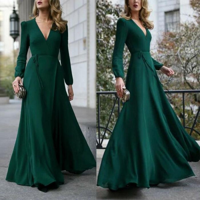 Women Sexy Formal Maxi Dress V Neck Long Sleeve Solid color Bandage Office Ladies Evening Party Prom Gown