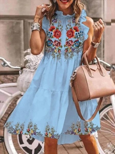 2021 Vacation Floral Printed Dress Summer Elegant Short Women Dresses Butterfly Sleeve Casual Ruffled Neck A-line Dresses Female