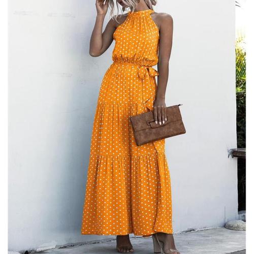 Summer Beach Long Dress Women Print Flowers Polka-dot Strap Ladies Halter Boho Dress Orange