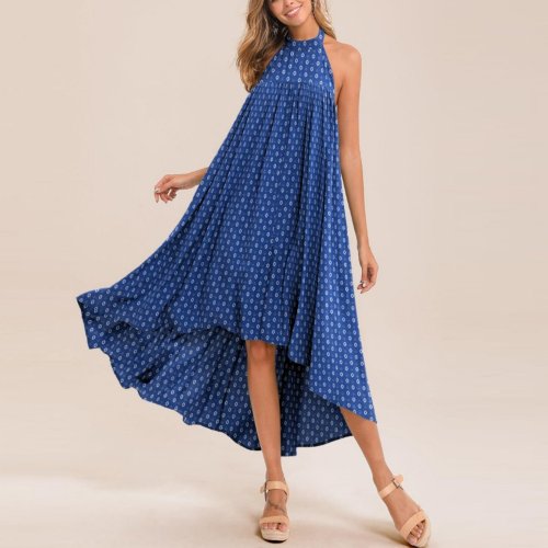 Casual halter neck irregular large print dress