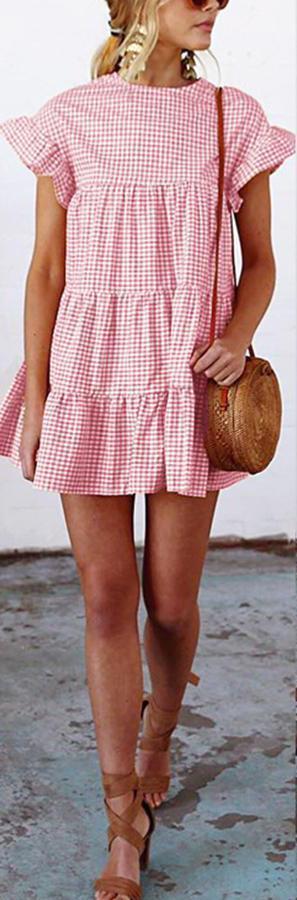 Grid Pattern Casual Short Sleeves Mini Dresses