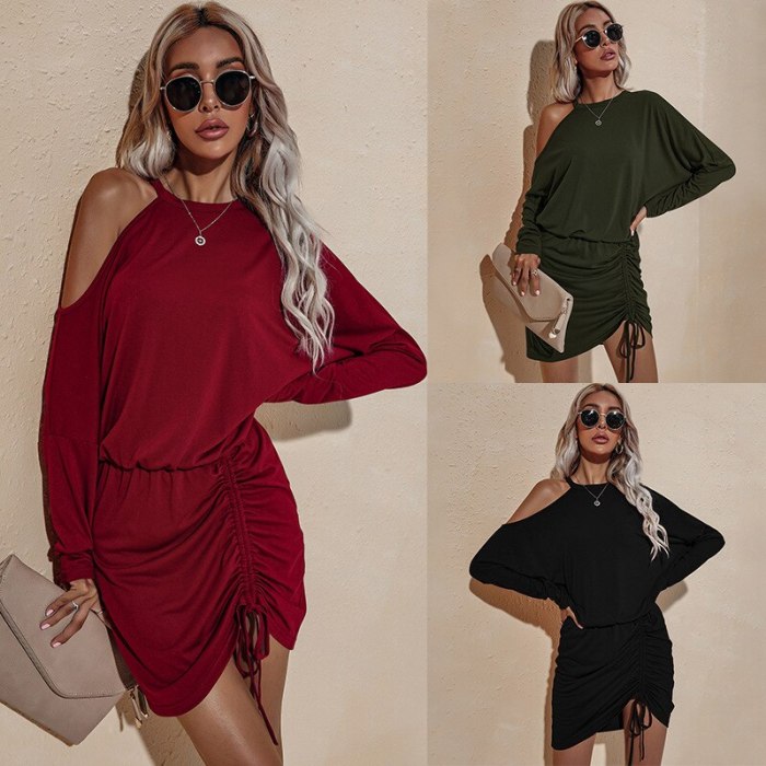 European American women 2021 autumn dress new long-sleeved off-the-shoulder sexy loose-fitting rope party dresses women evening