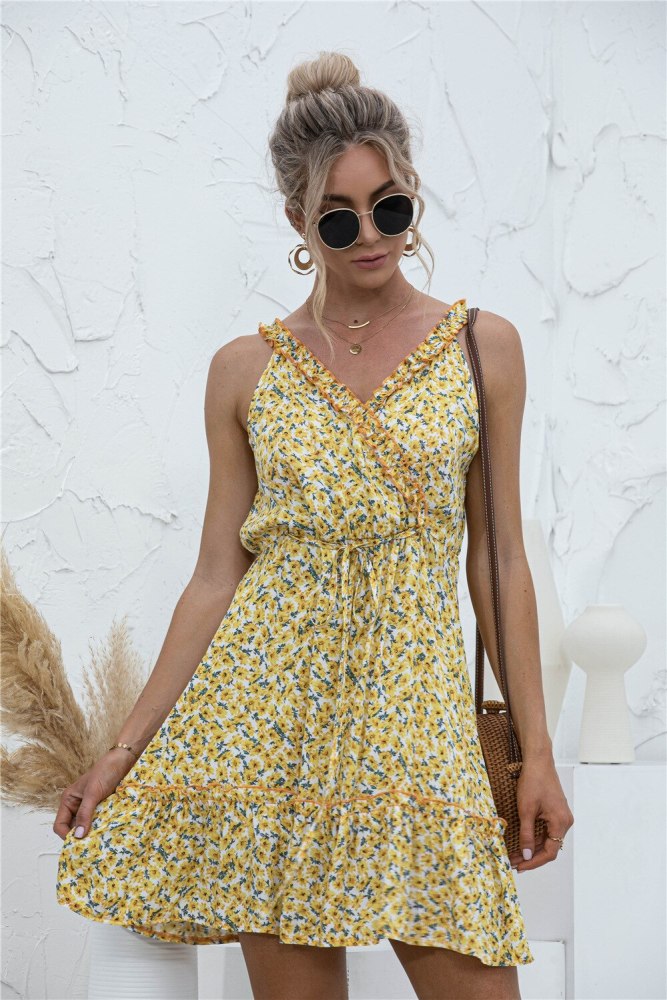 Sexy V-neck Ruffles Spaghetti Strap Mini Dress Women Summer New Off Shoulder Backless Lace Up Drawstring Design Holiday Vestidos