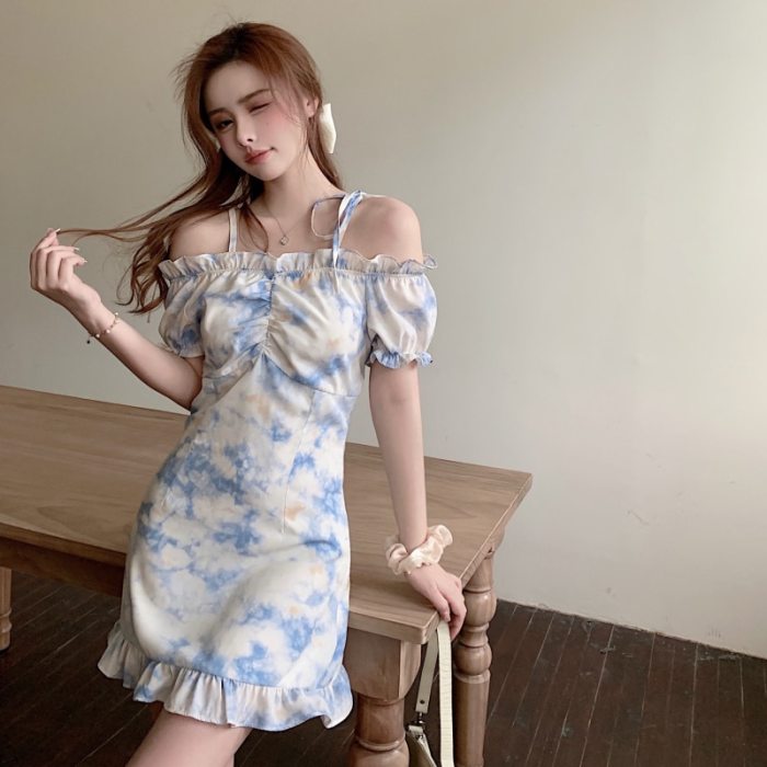 Korean Tie Dye Dress Women Summer 2021 New Slash Collar Strapless Puff Sleeve Slim Printed Short Dress Sweet Elegant