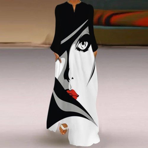 Vintage Abstract Face Printed Long Party Dress Women Robe V-neck Long Sleeve A-Line Dress