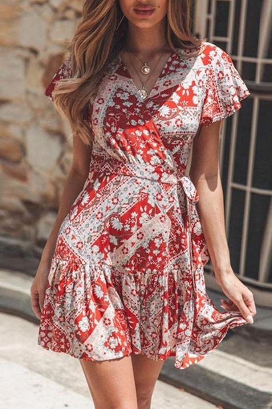 Bohemian V Neck Short Sleeve Printed Colour Dress