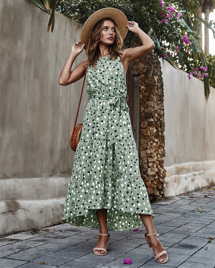 Women Summer Dress Boho Woman Linen Tunic Long Spaghetti Strap Sashes Lace Dot Polyester Loose Womens Clothing Dresses Summer