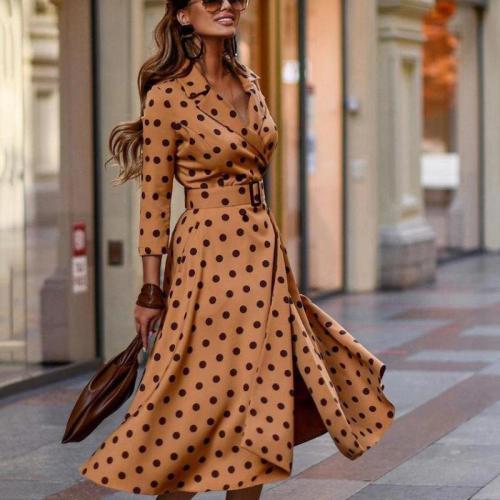 Elegant Dress Spring/autumn Popular Fashion Casual Wave Point Long Sleeve Notched Sexy Dress Collect Waist Hit Color Vestidos