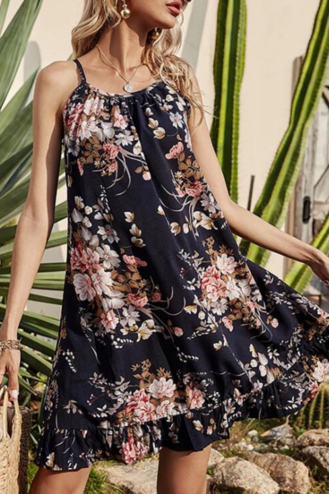 Casual Платья For Women Dress Summer Loose Floral Printed A-line Skirt Sleeveless Suspender Dress Robes Vestidos платье 2021