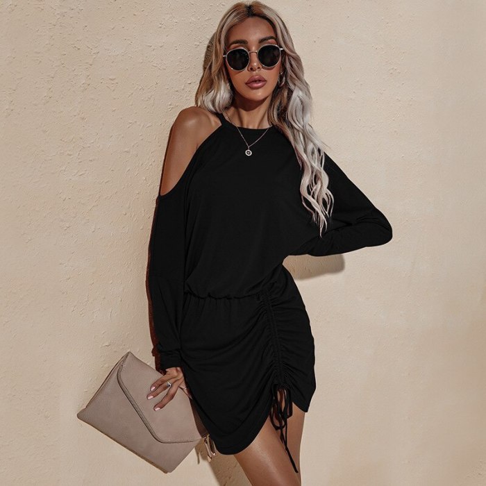 European American women 2021 autumn dress new long-sleeved off-the-shoulder sexy loose-fitting rope party dresses women evening