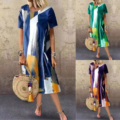 Women Vintage Floral Print Boho Dress Long Maxi Dress Evening Party Beach Summer Dress Short Sleeve Split Dresses