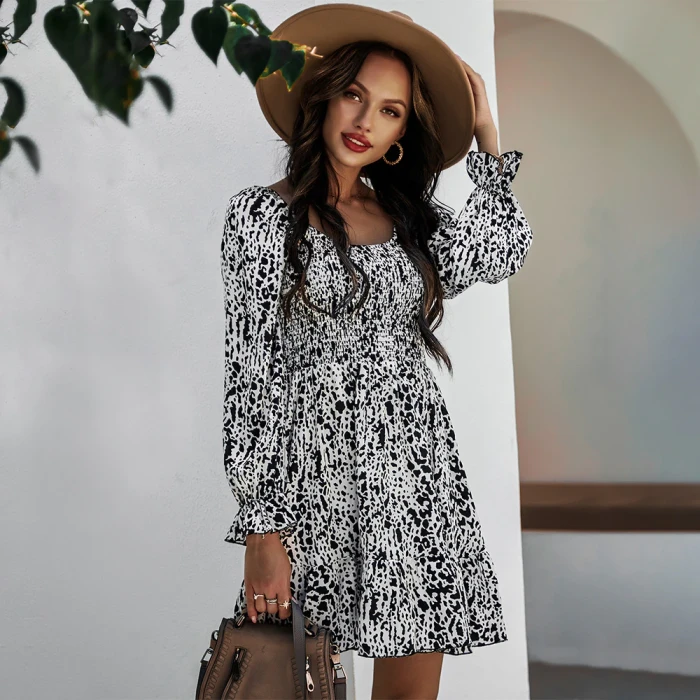 Leopard Print Ruffle Long Lantern Sleeve Women Dress 2021 Spring Casual Square Collar Dress Ladies Vintage Mini Dress Vestidos