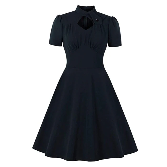 Twist Stand Collar Cut Out Front Party High Waist Ruched Dress Vintage Style Women Pocket Side Green Swing Dresses